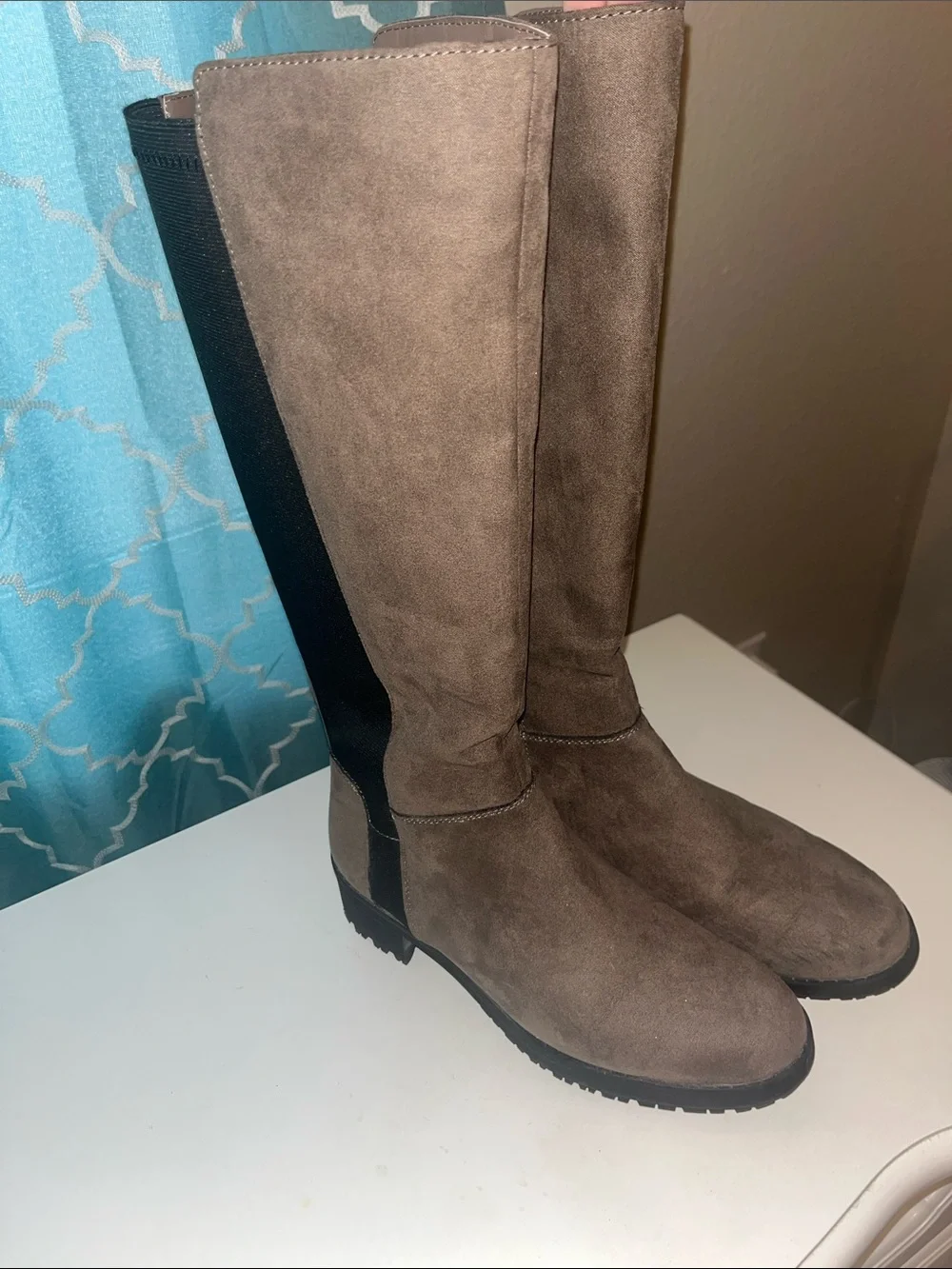 Arizona Jean Company Taupe Over-the-Knee Suede Boots with Black Stretch Panel